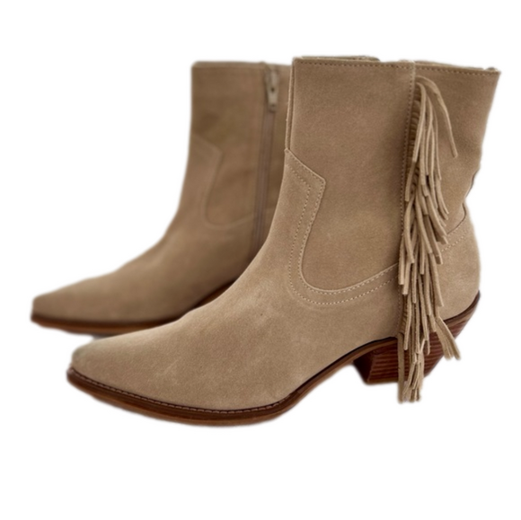 Coconuts Matisse Jane D Beige Tan Suede Leather Size 8 Western Boots Fringe - Picture 1 of 14